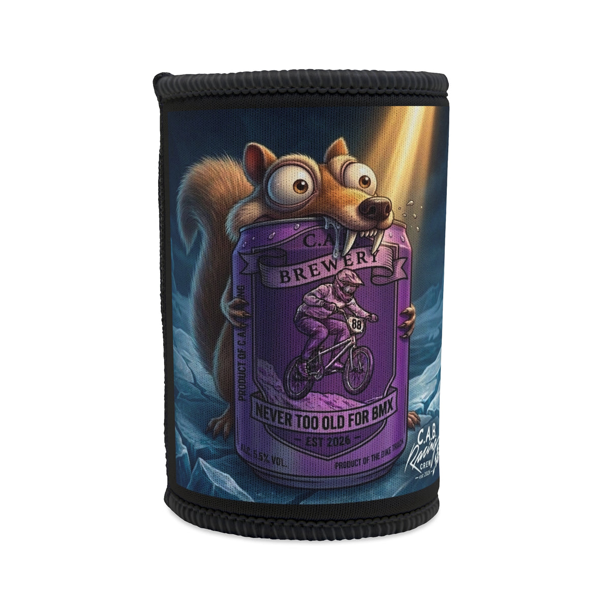 Stubby Cooler - 'Never Too Old for BMX' Squirrel Can Koozie